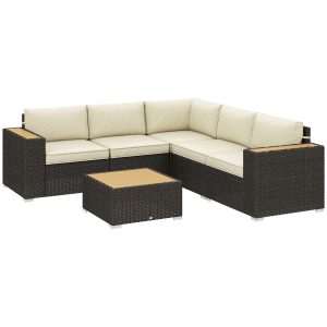Outsunny 6 Pieces Outdoor Rattan Patio Furniture Set with Corner Sofa, Wood-Plastic Coffee Table, Light Khaki - Image 2