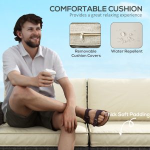 Outsunny 6 Pieces Outdoor Rattan Patio Furniture Set with Corner Sofa, Wood-Plastic Coffee Table, Light Khaki - Image 6