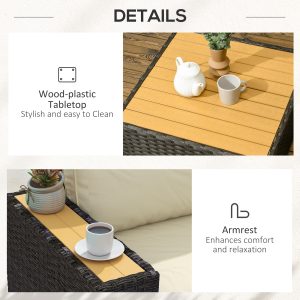 Outsunny 6 Pieces Outdoor Rattan Patio Furniture Set with Corner Sofa, Wood-Plastic Coffee Table, Light Khaki - Image 7