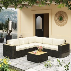 Outsunny 6 Pieces Outdoor Rattan Patio Furniture Set with Corner Sofa, Wood-Plastic Coffee Table, Light Khaki - Image 8