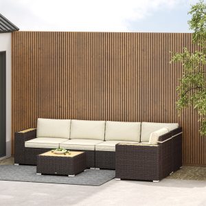 Outsunny 6 Pieces Outdoor Rattan Patio Furniture Set with Corner Sofa, Wood-Plastic Coffee Table, Light Khaki - Image 9