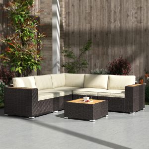 Outsunny 6 Pieces Outdoor Rattan Patio Furniture Set with Corner Sofa, Wood-Plastic Coffee Table, Light Khaki - Image 10