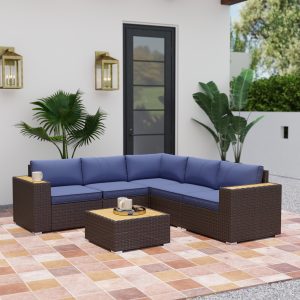 Outsunny 6 Pieces Outdoor Rattan Patio Furniture Set with Corner Sofa, Wood-Plastic Coffee Table, Navy Blue - Image 1