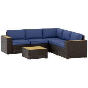 Outsunny 6 Pieces Outdoor Rattan Patio Furniture Set with Corner Sofa, Wood-Plastic Coffee Table, Navy Blue - Image 2