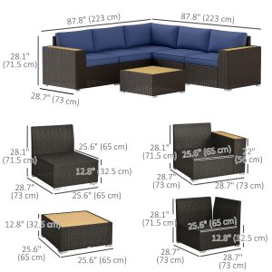 Outsunny 6 Pieces Outdoor Rattan Patio Furniture Set with Corner Sofa, Wood-Plastic Coffee Table, Navy Blue - Image 3