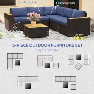 Outsunny 6 Pieces Outdoor Rattan Patio Furniture Set with Corner Sofa, Wood-Plastic Coffee Table, Navy Blue - Image 4