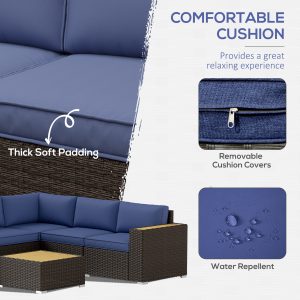 Outsunny 6 Pieces Outdoor Rattan Patio Furniture Set with Corner Sofa, Wood-Plastic Coffee Table, Navy Blue - Image 5