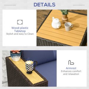 Outsunny 6 Pieces Outdoor Rattan Patio Furniture Set with Corner Sofa, Wood-Plastic Coffee Table, Navy Blue - Image 7
