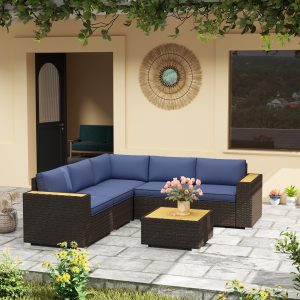 Outsunny 6 Pieces Outdoor Rattan Patio Furniture Set with Corner Sofa, Wood-Plastic Coffee Table, Navy Blue - Image 8