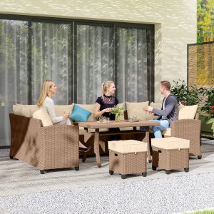 Outsunny 6 Pieces Patio Furniture Set, Outdoor Wicker Sofa Set, All Weather PE Rattan Conversation Furniture, with Strip Wood Grain Plastic Coffee Table & Cushions, Khaki - Image 1