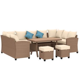 Outsunny 6 Pieces Patio Furniture Set, Outdoor Wicker Sofa Set, All Weather PE Rattan Conversation Furniture, with Strip Wood Grain Plastic Coffee Table & Cushions, Khaki - Image 2