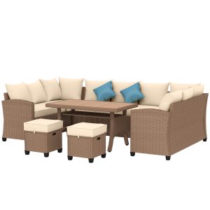 Outsunny 6 Pieces Patio Furniture Set, Outdoor Wicker Sofa Set, All Weather PE Rattan Conversation Furniture, with Strip Wood Grain Plastic Coffee Table & Cushions, Khaki - Image 11