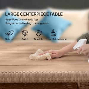 Outsunny 6 Pieces Patio Furniture Set, Outdoor Wicker Sofa Set, All Weather PE Rattan Conversation Furniture, with Strip Wood Grain Plastic Coffee Table & Cushions, Khaki - Image 6