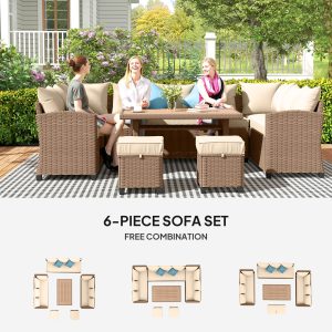 Outsunny 6 Pieces Patio Furniture Set, Outdoor Wicker Sofa Set, All Weather PE Rattan Conversation Furniture, with Strip Wood Grain Plastic Coffee Table & Cushions, Khaki - Image 7