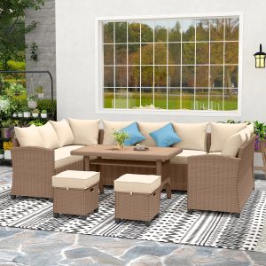 Outsunny 6 Pieces Patio Furniture Set, Outdoor Wicker Sofa Set, All Weather PE Rattan Conversation Furniture, with Strip Wood Grain Plastic Coffee Table & Cushions, Khaki - Image 8