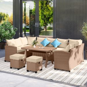Outsunny 6 Pieces Patio Furniture Set, Outdoor Wicker Sofa Set, All Weather PE Rattan Conversation Furniture, with Strip Wood Grain Plastic Coffee Table & Cushions, Khaki - Image 9