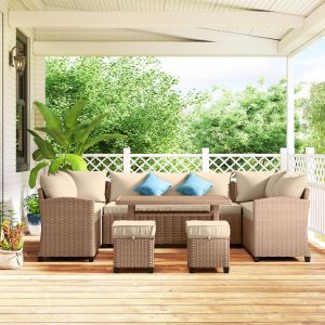 Outsunny 6 Pieces Patio Furniture Set, Outdoor Wicker Sofa Set, All Weather PE Rattan Conversation Furniture, with Strip Wood Grain Plastic Coffee Table & Cushions, Khaki - Image 10