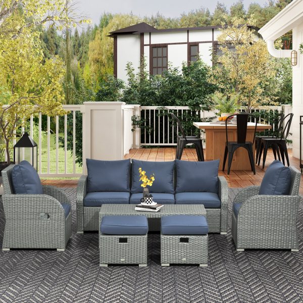 Outsunny 6 Pieces Patio Furniture with Cushions, PE Wicker Sectional Furniture Conversation Set with a 3-Seat Sofa, 2 Recliner Chairs, 2 Footstools, Table, Dark Blue - Image 1