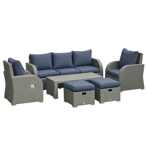 Outsunny 6 Pieces Patio Furniture with Cushions, PE Wicker Sectional Furniture Conversation Set with a 3-Seat Sofa, 2 Recliner Chairs, 2 Footstools, Table, Dark Blue - Image 2