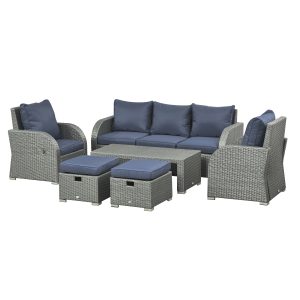 Outsunny 6 Pieces Patio Furniture with Cushions, PE Wicker Sectional Furniture Conversation Set with a 3-Seat Sofa, 2 Recliner Chairs, 2 Footstools, Table, Dark Blue - Image 11