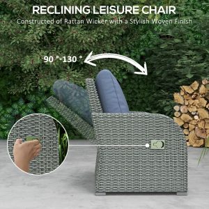 Outsunny 6 Pieces Patio Furniture with Cushions, PE Wicker Sectional Furniture Conversation Set with a 3-Seat Sofa, 2 Recliner Chairs, 2 Footstools, Table, Dark Blue - Image 4