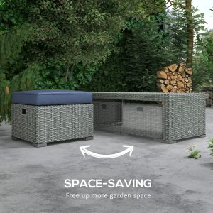 Outsunny 6 Pieces Patio Furniture with Cushions, PE Wicker Sectional Furniture Conversation Set with a 3-Seat Sofa, 2 Recliner Chairs, 2 Footstools, Table, Dark Blue - Image 5