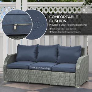 Outsunny 6 Pieces Patio Furniture with Cushions, PE Wicker Sectional Furniture Conversation Set with a 3-Seat Sofa, 2 Recliner Chairs, 2 Footstools, Table, Dark Blue - Image 7