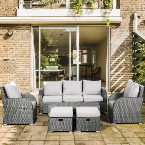 Outsunny 6 Pieces Patio Furniture with Cushions, PE Wicker Sectional Furniture Conversation Set with a 3-Seat Sofa, 2 Recliner Chairs, 2 Footstools, Table, Grey - Image 1