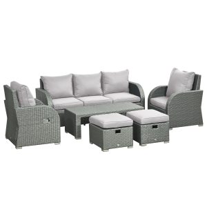 Outsunny 6 Pieces Patio Furniture with Cushions, PE Wicker Sectional Furniture Conversation Set with a 3-Seat Sofa, 2 Recliner Chairs, 2 Footstools, Table, Grey - Image 2