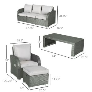 Outsunny 6 Pieces Patio Furniture with Cushions, PE Wicker Sectional Furniture Conversation Set with a 3-Seat Sofa, 2 Recliner Chairs, 2 Footstools, Table, Grey - Image 3