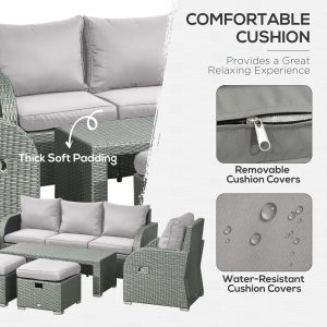 Outsunny 6 Pieces Patio Furniture with Cushions, PE Wicker Sectional Furniture Conversation Set with a 3-Seat Sofa, 2 Recliner Chairs, 2 Footstools, Table, Grey - Image 7