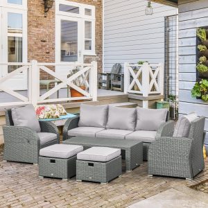 Outsunny 6 Pieces Patio Furniture with Cushions, PE Wicker Sectional Furniture Conversation Set with a 3-Seat Sofa, 2 Recliner Chairs, 2 Footstools, Table, Grey - Image 9