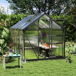Outsunny 6' x 10' x 6.6' Polycarbonate Greenhouse, Walk-In Green House Kit Garden, Plants Grow, Galvanized Sheet Aluminum Frame with Rain Gutter, Vents and Sliding Door, Grey - Image 1