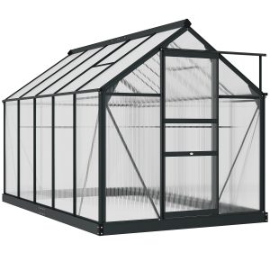 Outsunny 6' x 10' x 6.6' Polycarbonate Greenhouse, Walk-In Green House Kit Garden, Plants Grow, Galvanized Sheet Aluminum Frame with Rain Gutter, Vents and Sliding Door, Grey - Image 2