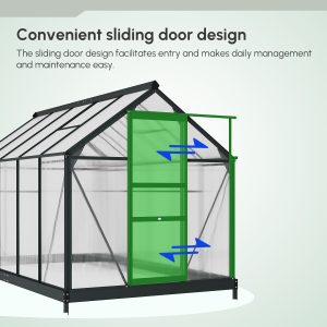 Outsunny 6' x 10' x 6.6' Polycarbonate Greenhouse, Walk-In Green House Kit Garden, Plants Grow, Galvanized Sheet Aluminum Frame with Rain Gutter, Vents and Sliding Door, Grey - Image 4