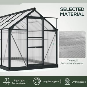 Outsunny 6' x 10' x 6.6' Polycarbonate Greenhouse, Walk-In Green House Kit Garden, Plants Grow, Galvanized Sheet Aluminum Frame with Rain Gutter, Vents and Sliding Door, Grey - Image 6