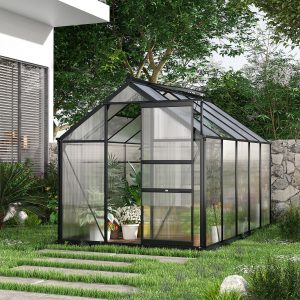 Outsunny 6' x 10' x 6.6' Polycarbonate Greenhouse, Walk-In Green House Kit Garden, Plants Grow, Galvanized Sheet Aluminum Frame with Rain Gutter, Vents and Sliding Door, Grey - Image 8