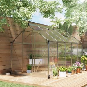 Outsunny 6' x 10' x 6.6' Polycarbonate Greenhouse, Walk-In Green House Kit Garden, Plants Grow, Galvanized Sheet Aluminum Frame with Rain Gutter, Vents and Sliding Door, Sliver - Image 1