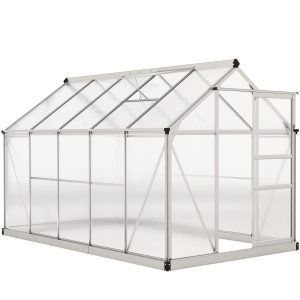 Outsunny 6' x 10' x 6.6' Polycarbonate Greenhouse, Walk-In Green House Kit Garden, Plants Grow, Galvanized Sheet Aluminum Frame with Rain Gutter, Vents and Sliding Door, Sliver - Image 2