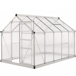 Outsunny 6' x 10' x 6.6' Polycarbonate Greenhouse, Walk-In Green House Kit Garden, Plants Grow, Galvanized Sheet Aluminum Frame with Rain Gutter, Vents and Sliding Door, Sliver - Image 11
