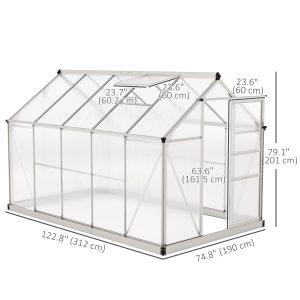 Outsunny 6' x 10' x 6.6' Polycarbonate Greenhouse, Walk-In Green House Kit Garden, Plants Grow, Galvanized Sheet Aluminum Frame with Rain Gutter, Vents and Sliding Door, Sliver - Image 3
