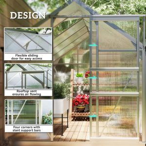 Outsunny 6' x 10' x 6.6' Polycarbonate Greenhouse, Walk-In Green House Kit Garden, Plants Grow, Galvanized Sheet Aluminum Frame with Rain Gutter, Vents and Sliding Door, Sliver - Image 4
