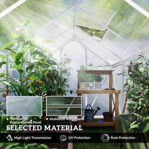 Outsunny 6' x 10' x 6.6' Polycarbonate Greenhouse, Walk-In Green House Kit Garden, Plants Grow, Galvanized Sheet Aluminum Frame with Rain Gutter, Vents and Sliding Door, Sliver - Image 5