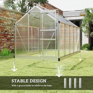 Outsunny 6' x 10' x 6.6' Polycarbonate Greenhouse, Walk-In Green House Kit Garden, Plants Grow, Galvanized Sheet Aluminum Frame with Rain Gutter, Vents and Sliding Door, Sliver - Image 6
