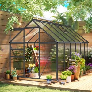 Outsunny 6' x 12' x 6.5' Polycarbonate Greenhouse, Walk-in Green House with Adjustable Roof Vent Galvanized Base Sliding Door Rain Gutter for Outdoor Garden Backyard, Charcoal Grey - Image 1