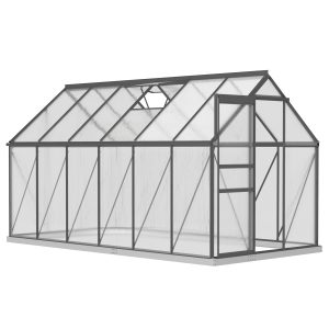 Outsunny 6' x 12' x 6.5' Polycarbonate Greenhouse, Walk-in Green House with Adjustable Roof Vent Galvanized Base Sliding Door Rain Gutter for Outdoor Garden Backyard, Charcoal Grey - Image 8