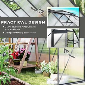 Outsunny 6' x 12' x 6.5' Polycarbonate Greenhouse, Walk-in Green House with Adjustable Roof Vent Galvanized Base Sliding Door Rain Gutter for Outdoor Garden Backyard, Charcoal Grey - Image 11
