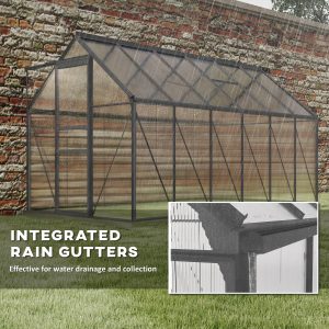 Outsunny 6' x 12' x 6.5' Polycarbonate Greenhouse, Walk-in Green House with Adjustable Roof Vent Galvanized Base Sliding Door Rain Gutter for Outdoor Garden Backyard, Charcoal Grey - Image 13