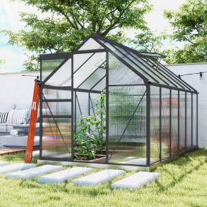Outsunny 6' x 12' x 6.5' Polycarbonate Greenhouse, Walk-in Green House with Adjustable Roof Vent Galvanized Base Sliding Door Rain Gutter for Outdoor Garden Backyard, Charcoal Grey - Image 14