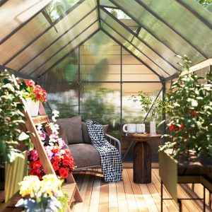 Outsunny 6' x 12' x 6.5' Polycarbonate Greenhouse, Walk-in Green House with Adjustable Roof Vent Galvanized Base Sliding Door Rain Gutter for Outdoor Garden Backyard, Charcoal Grey - Image 15